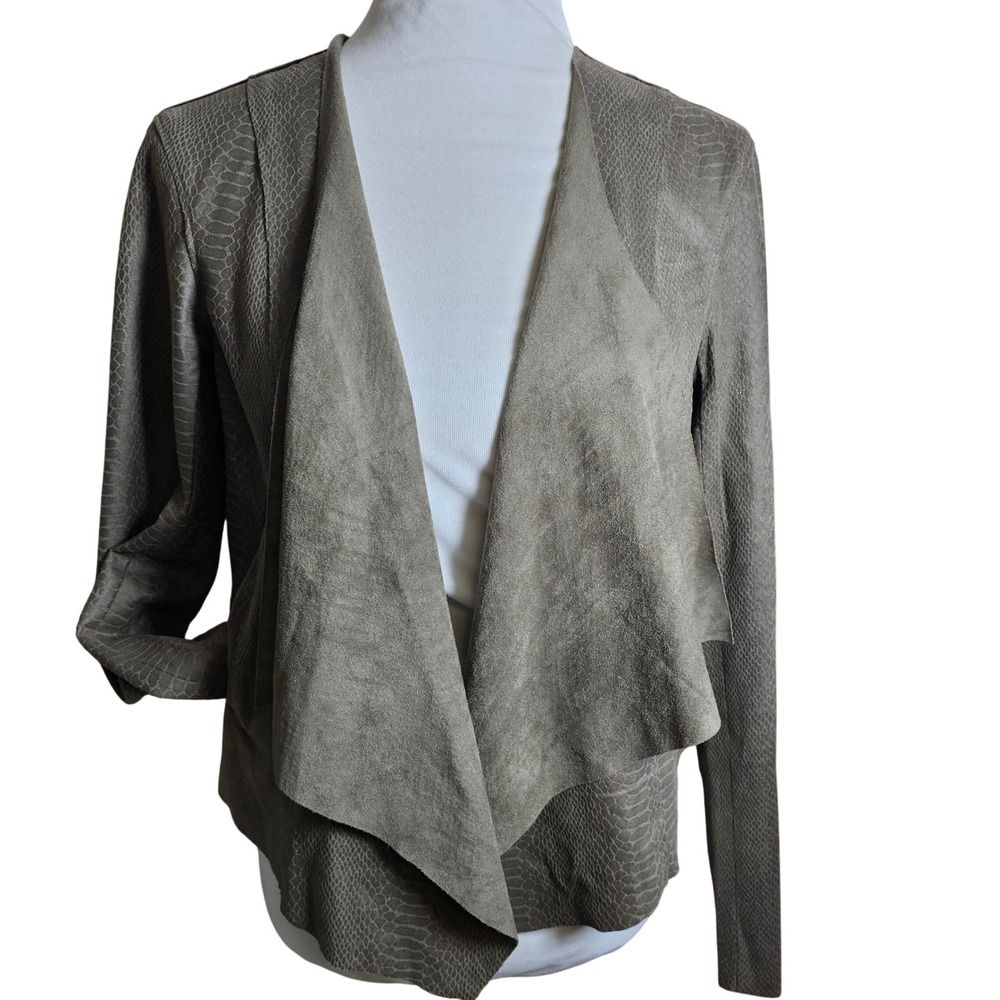 BLANKNYC Snake Embossed Faux Suede Drape Front Jacket Taupe Medium NEW green/tan